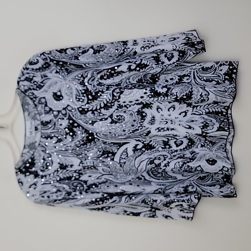 All Hours Black & White Print Silver Iridescent Dots Pullover Top L